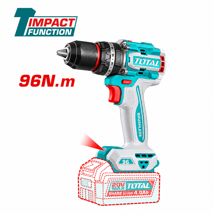 Taladro Percutor Atornillador Industrial TOTAL 20V Brushless 96 Nm - con 2 Baterías de 4.0 Ah