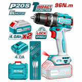 Taladro Percutor Atornillador Industrial TOTAL 20V Brushless 96 Nm - con 2 Baterías de 4.0 Ah